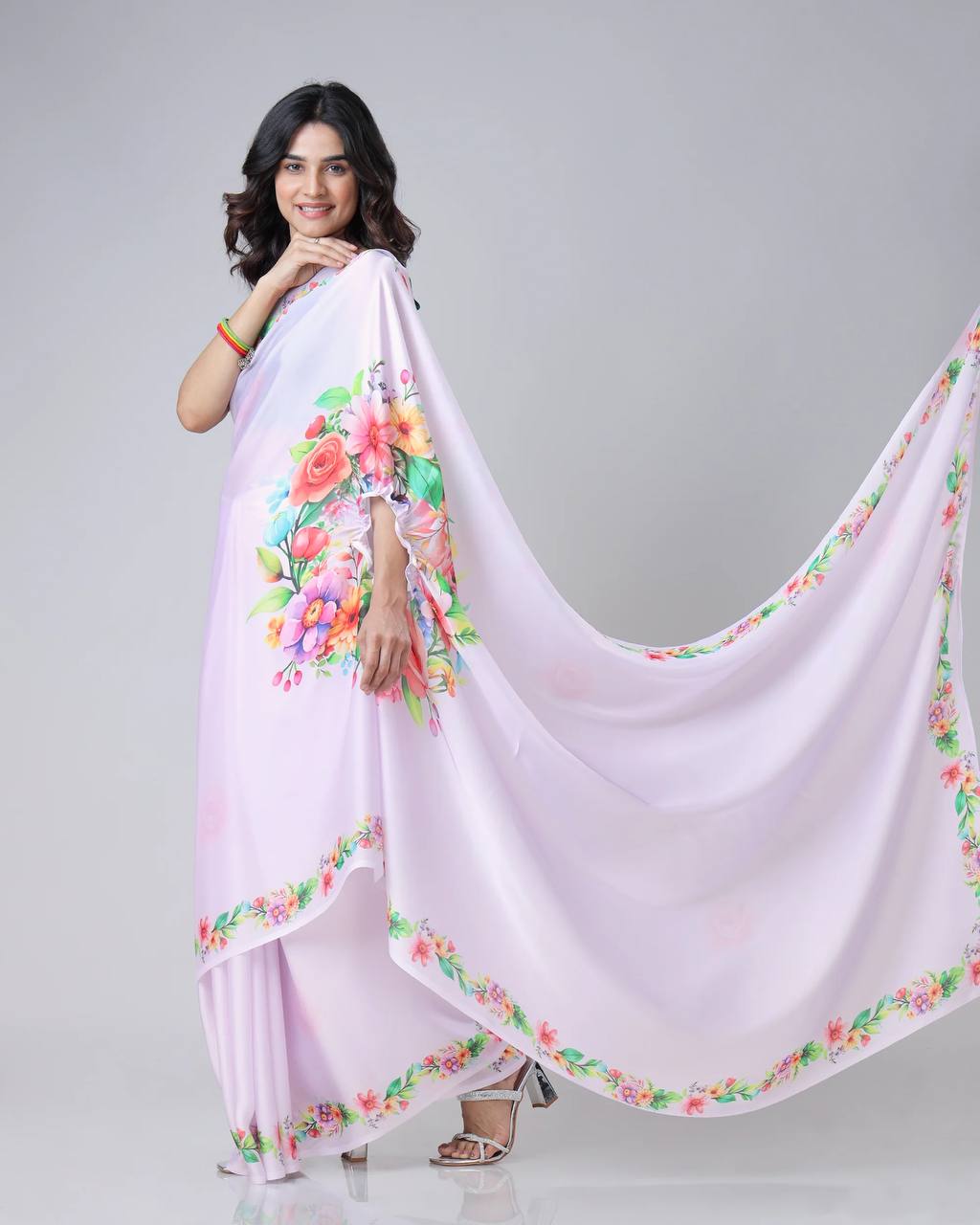 Women's Modern Dual-Tone Peach & Off-White Satin Silk Kaftan Saree with Digital Print Neck Design - Image 3