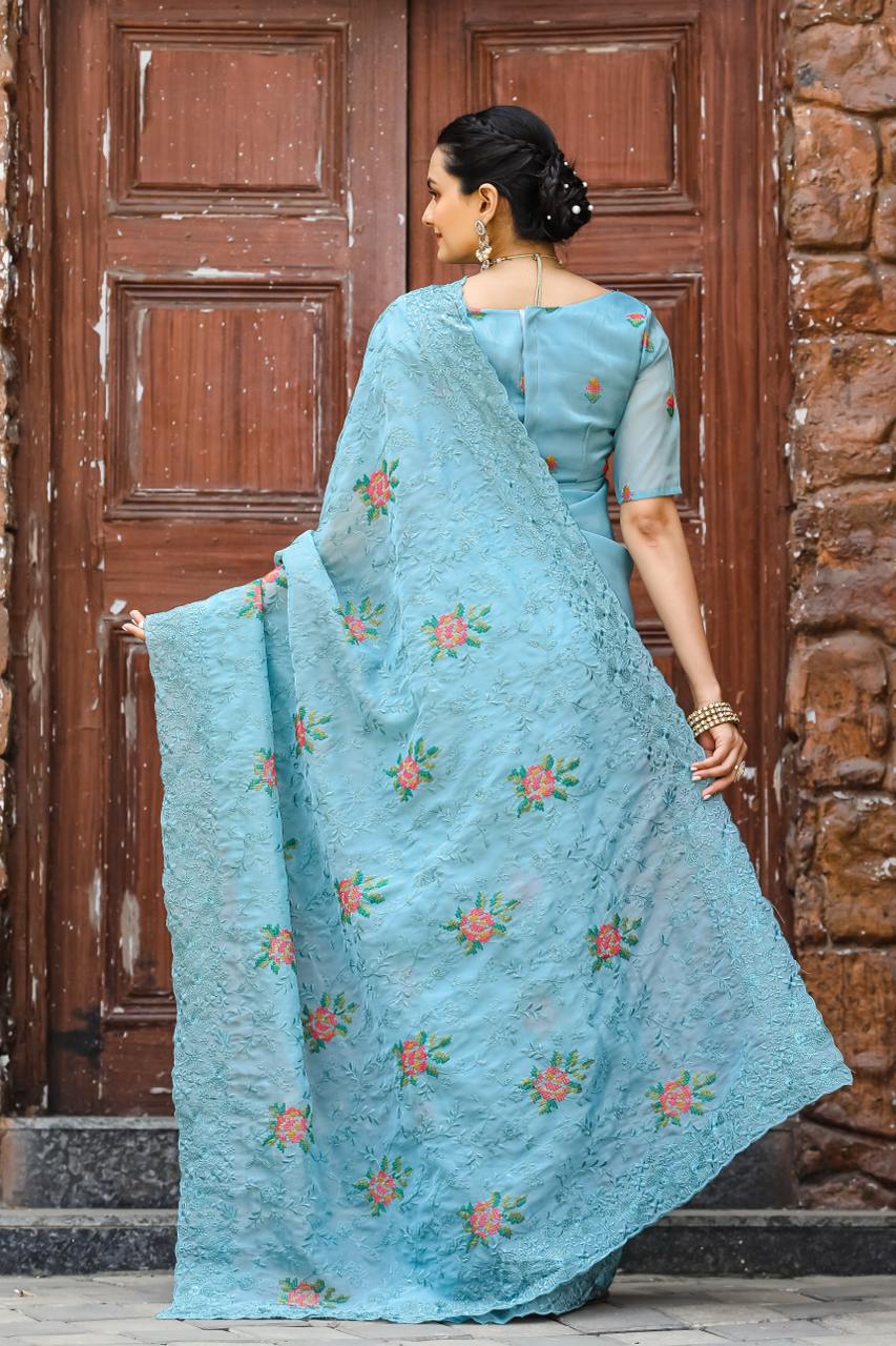 Women's Elegant Sage Green Georgette Saree with Delicate Floral Embroidery & Sequin Work – Perfect for Summer Festivities & Day Events - Image 18