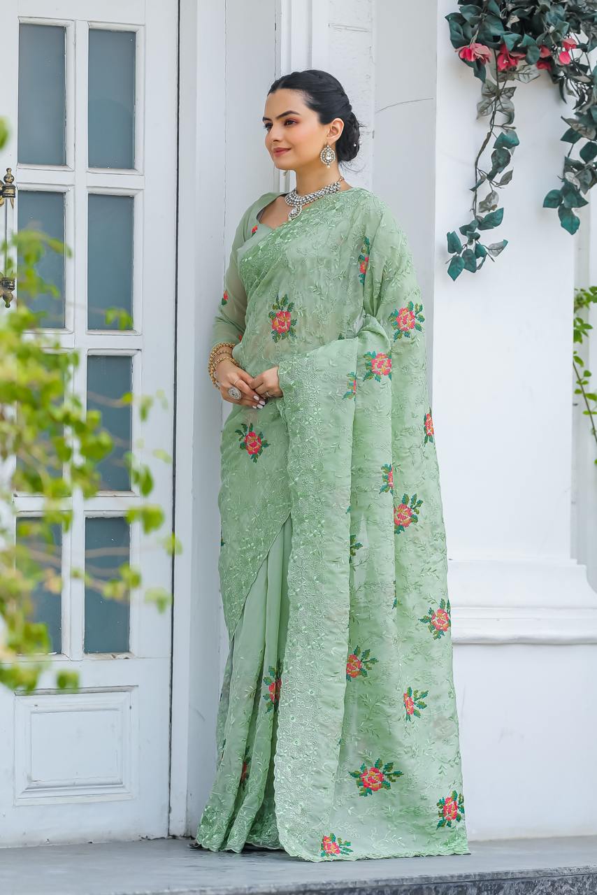 Women's Elegant Sage Green Georgette Saree with Delicate Floral Embroidery & Sequin Work – Perfect for Summer Festivities & Day Events - Image 8