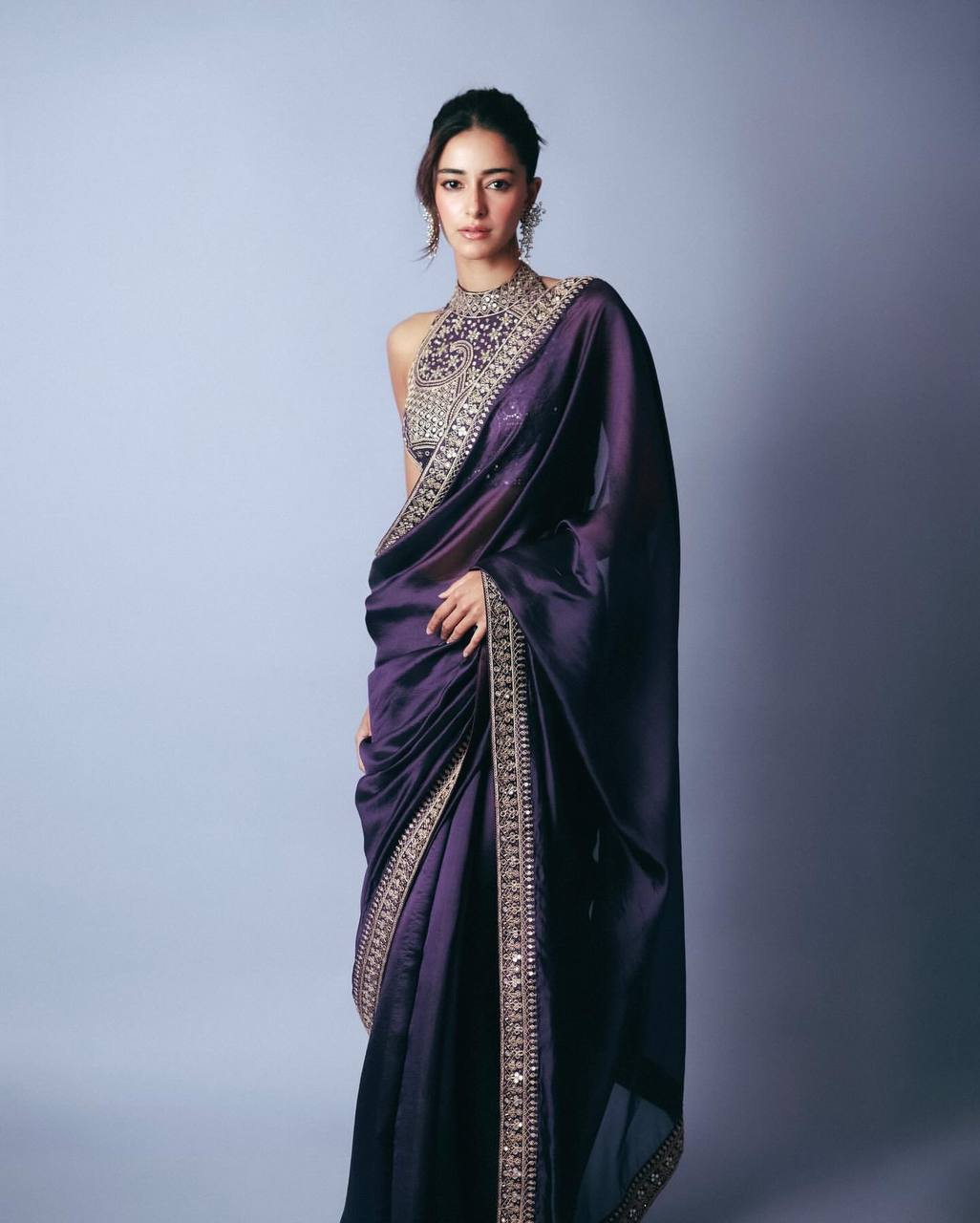 Women's Luxurious Plum Satin Saree with Intricate Zari & Sequin Embroidered Blouse - Image 8