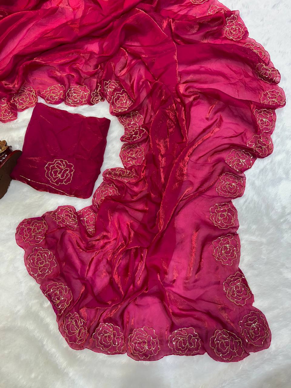 Women's Pure Soft Fendy Satin Saree with Full Floral Handwork Design & Running Blouse Piece – Available in Multiple Colors for Festive & Casual Wear - Image 5