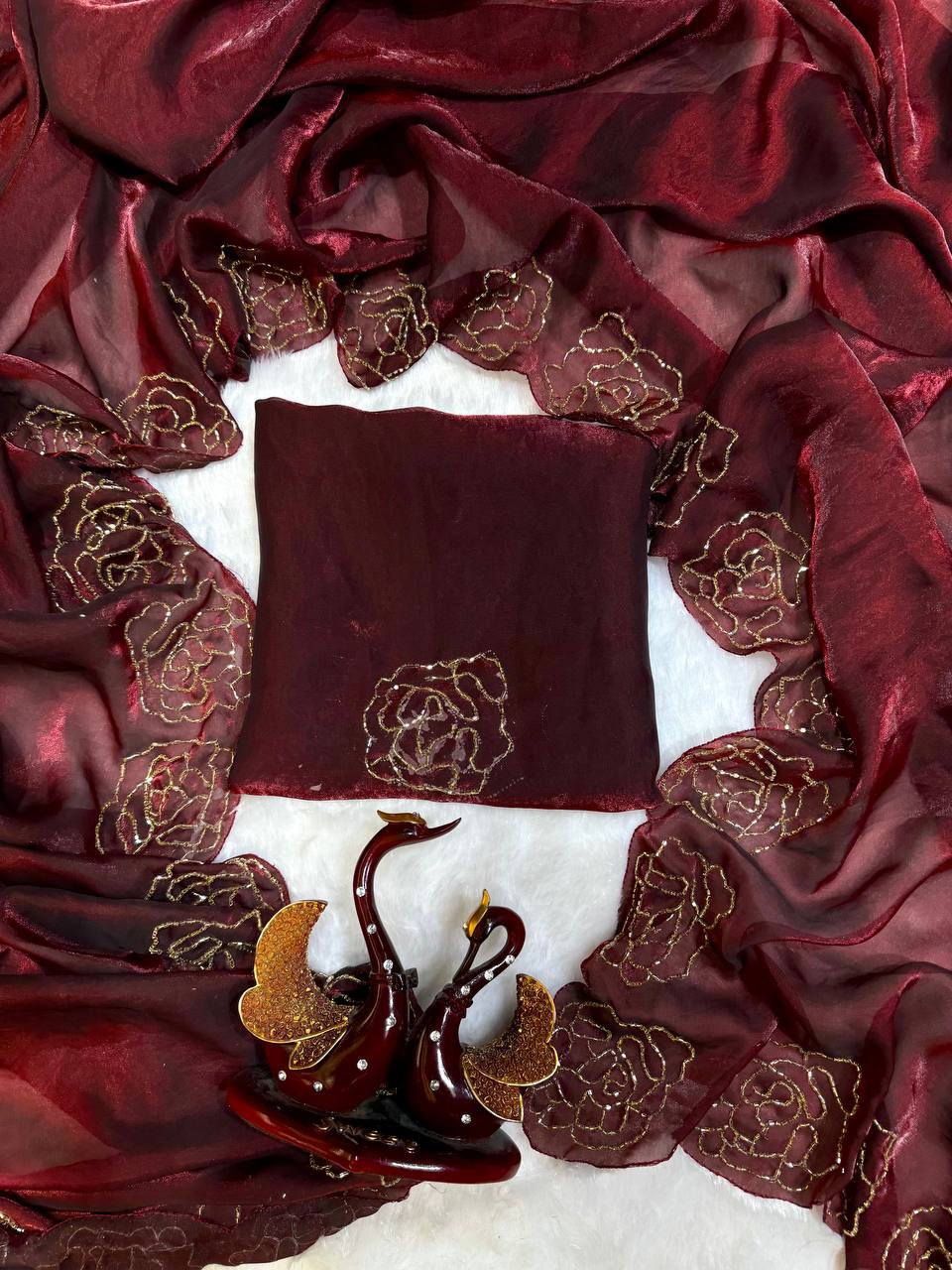 Women's Pure Soft Fendy Satin Saree with Full Floral Handwork Design & Running Blouse Piece – Available in Multiple Colors for Festive & Casual Wear - Image 11